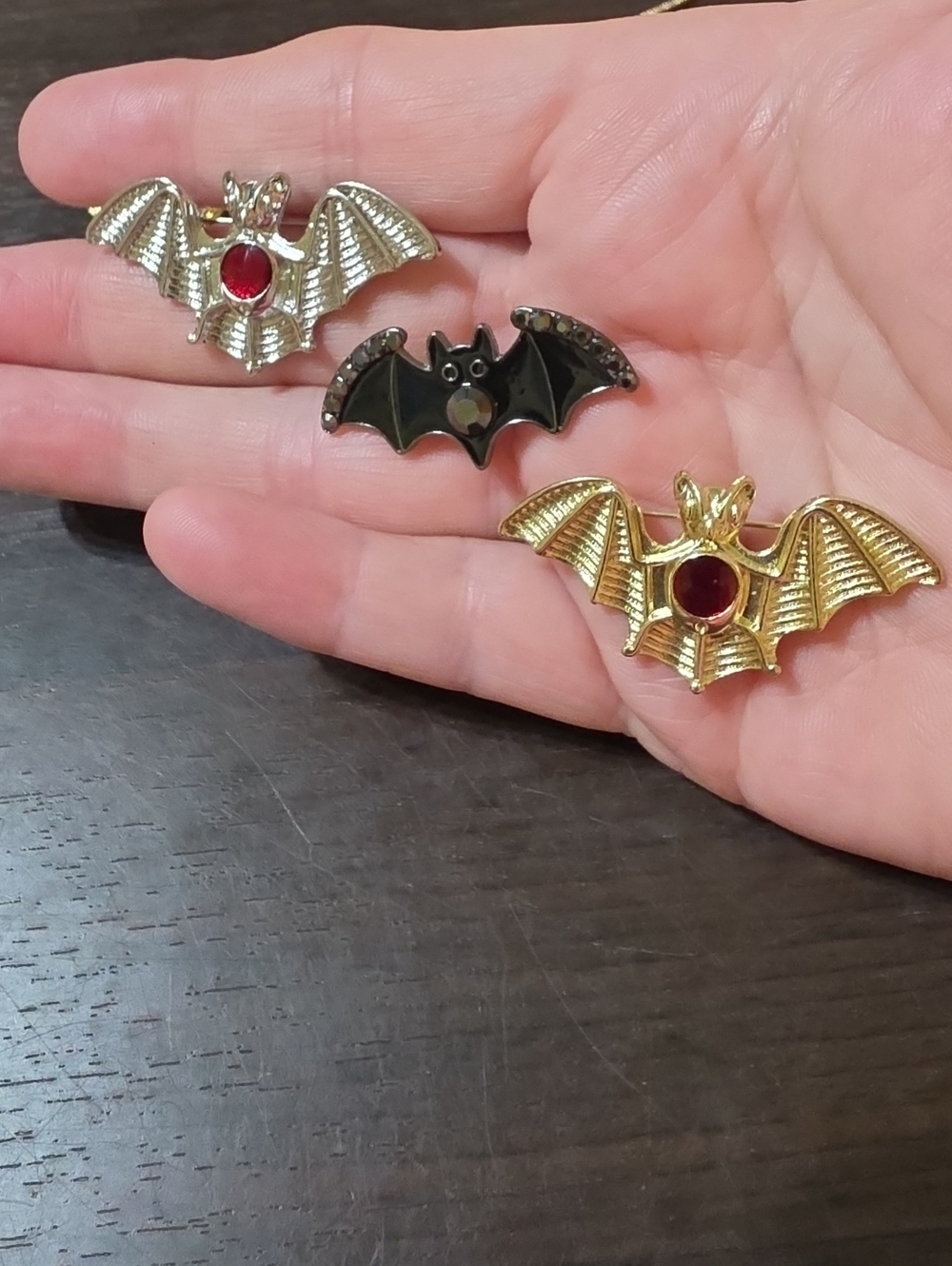 A149- 3 Bat Brooches  Silver, Gold, Black Tones with Red Accent